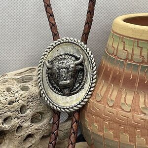 3D CONCHO BUFFALO Brown Leather Bolo Tie Necklace Western Southwest  Dad Gift